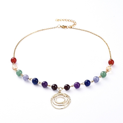 Chakra Jewelry, 304 Stainless Steel Chain Necklaces, with Alloy Pendants, Gemstone Beads and Iron Chain Extender, Ring