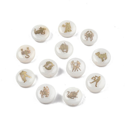 12Pcs 12 Patterns Natural Freshwater Shell Beads, with Golden Plated Brass Metal Slice Embellishments, Flat Round with Twelve Constellations