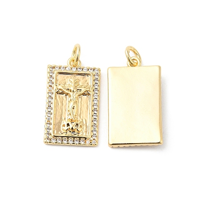 Brass Micro Pave Clear Cubic Zirconia Pendants, Rectangle Charms with Religion Jesus
