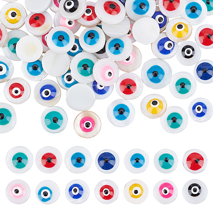 84Pcs 14 Colors Natural Freshwater Shell Beads, with Enamel, Flat Round with Evil Eye