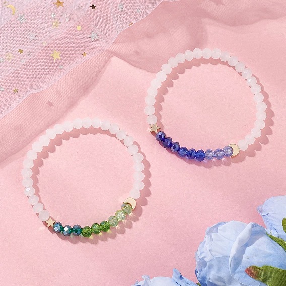 2Шт. эластичный браслет из гальванизированных стеклянных и латунных бусин для женщин, рондель, звезда и луна, золотые