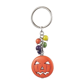 Halloween Synthetic Turquoise Keychains, with Iron Split Key Rings, Pumpkin