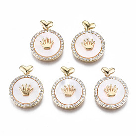 Brass Micro Pave Clear Cubic Zirconia Pendants, with White Shell Nickel Free, Flat Round with Crown