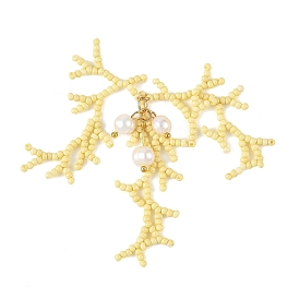 Glass Seed Beaded Big Pendants, Imitation Coral Charm, with 304 Stainless Steel Open Jump Rings