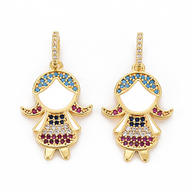 Brass Micro Pave Colorful Cubic Zirconia Pendants, with Enamel, Nickel Free, Real 18K Gold Plated, Girl