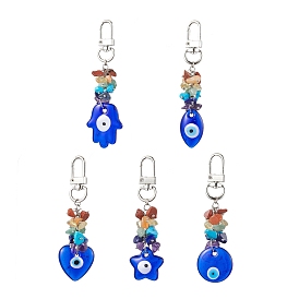 Blue Evil Eye Lampwork Pendant Decooration, 7 Chakra Natural & Synthetic Gemstone Chip Beads & Swivel Clasps Charms for Bag Ornaments