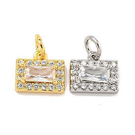 Brass Micro Pave Clear Cubic Zirconia Pendants, Rectangle, with Jump Ring