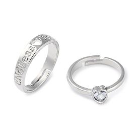 2Pcs 2 Style Heart with Word Love Cubic Zirconia Matching Couple Rings Set, Alloy Adjustable Rings