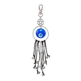 Key Alloy & Glass Evil Eye Pendants Decoraiton, with Brass Bell Charms and Alloy Swivel Lobster Claw Clasps, for Home Decoraiton