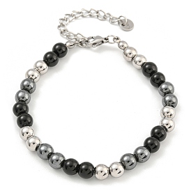 6mm Synthetic Non-magnetic Hematite & Glass & 304 Stainless Steel Round Beaded Bracelets for Women