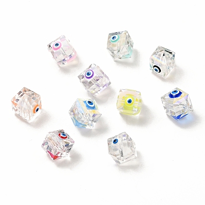 Transparent Glass Beads, with Enamel, Faceted, Cube with Evil Eye Pattern