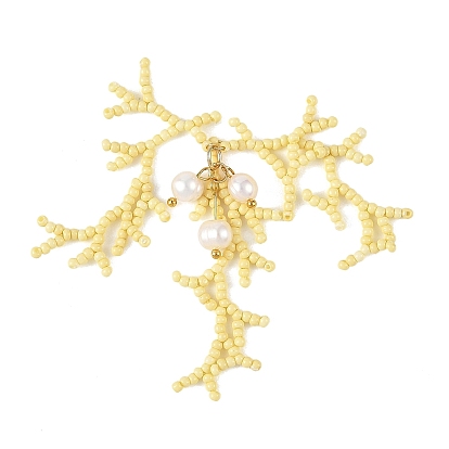 Glass Seed Beaded Big Pendants, Imitation Coral Charm, with 304 Stainless Steel Open Jump Rings