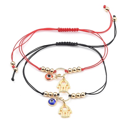 Pulseras trenzadas, con hilo de nylon, Encantos de murano de ojo malvado hechos a mano y colgantes de latón a mano de Hamsa y anillos de unión de latón