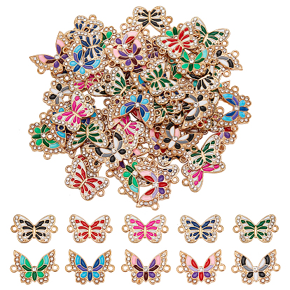 60 piezas 10 estilos encantos de conector de esmalte de aleación, eslabones de mariposa con diamantes de imitación de cristal, la luz de oro, sin cadmio y níque y plomo
