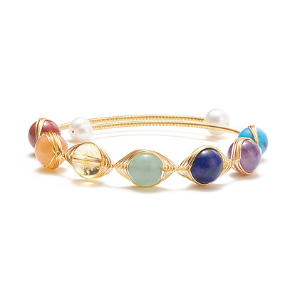 Mixed Stone & Natural Pearl Beads Wire Wrapped Cuff Bangle, 7 Chakra Open Torque Bangle for Women, Golden