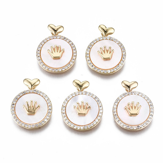Brass Micro Pave Clear Cubic Zirconia Pendants, with White Shell Nickel Free, Flat Round with Crown