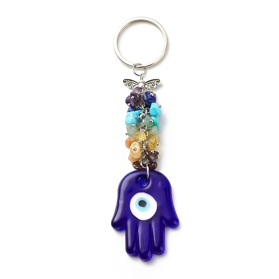 Natural & Synthetic Gemstone Beaded & Handmade Lampwork Pendants Keychain, with Brass, Iron, 304 Stainless Steel & Alloy Findings, Hamsa Hand with Evil Eye