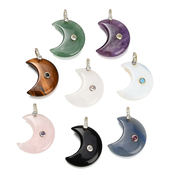 Pendentifs en pierre naturelle, charmes lune, avec des pierres précieuses en laiton pavées de zircone cubique, or