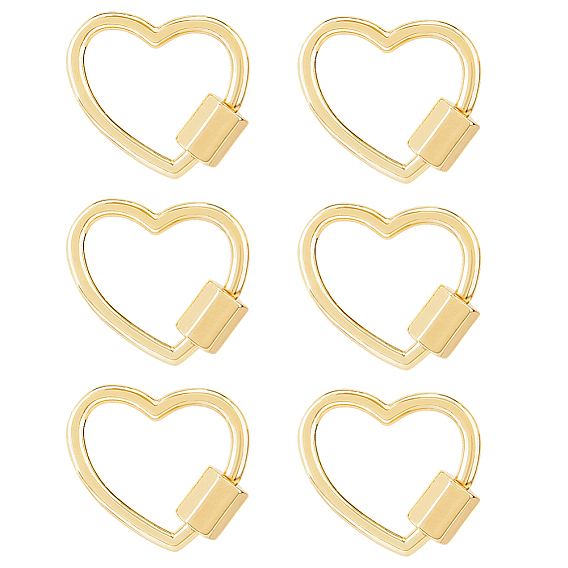 6Pcs Brass Screw Carabiner Lock Charms, for Necklaces Making, Nickel Free, Heart