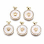 Brass Micro Pave Clear Cubic Zirconia Pendants, with White Shell Nickel Free, Flat Round with Crown