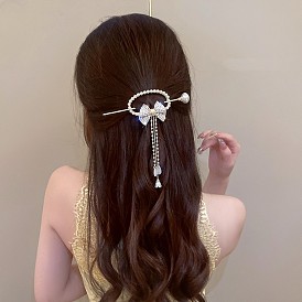 Pearl Bowknot Tassel Hairpin for Women, Elegant Modern Headpiece with Ancient Style, Perfect for Summer Hairstyles