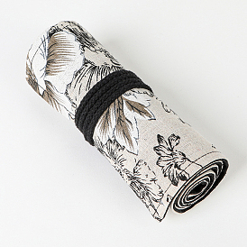 Black Peony Pattern Handmade Canvas Pencil Roll Wrap, Roll Up Pencil Case for Coloring Pencil Holder