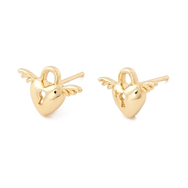Brass Heart Padlock with Wing Stud Earrings for Women, Lead Free & Cadmium Free