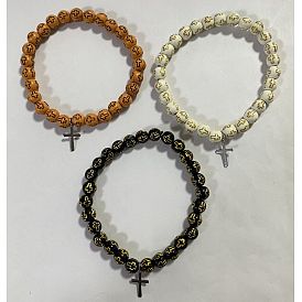 Wood Beads Stretch Bracelets, with 304 Stainless Steel Cross Pendants