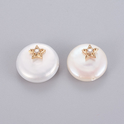 Natural Cultured Freshwater Pearl Beads, with Brass Cubic Zirconia Findings, Flat Round