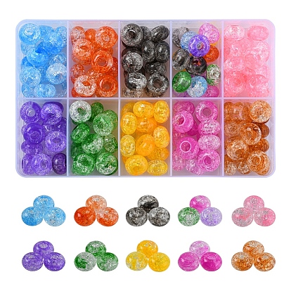 150Pcs 10 Colors Transparent Crackle Acrylic Beads, Large Hole Beads, Rondelle