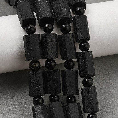 Natural Black Tourmaline Beeds Strands, Column, Faceted, with Seed Beads