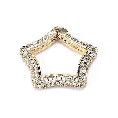 Brass Micro Pave Clear Cubic Zirconia Spring Gate Rings, Long-Lasting Plated, Star