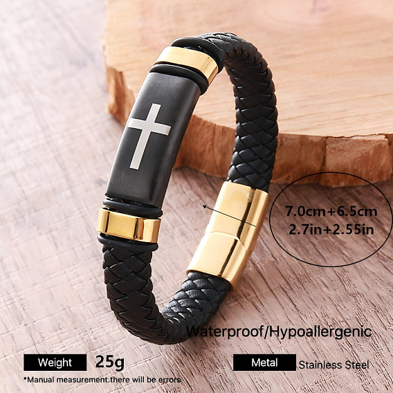 Pulseras vintage de acero inoxidable con cruz y cordón de cuero sintético trenzado negro para hombre, con cierres magnéticos