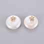 Natural Cultured Freshwater Pearl Beads, with Brass Cubic Zirconia Findings, Flat Round