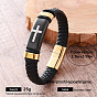 Pulseras vintage de acero inoxidable con cruz y cordón de cuero sintético trenzado negro para hombre, con cierres magnéticos