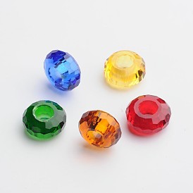 76 Faceted Glass European Beads, Large Hole Beads, No Metal Core, Rondelle, 14x7mm, Hole: 5.5mm