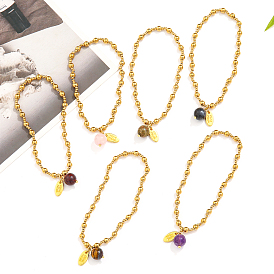 304 Stainless Steel Beaded Stretch Bracelets for Women, with 18K Gold Plated Oval Charm & Natural Gemstone Bead