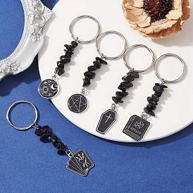 5pcs puce d'obsidienne naturelle et chaîne en émail en alliage, avec des anneaux de fer