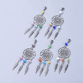 Tibetan Style Alloy Big Pendants, with Cat Eye Beads & 304 Stainless Steel Lobster Claw Clasps, Woven Net/Web with Feather