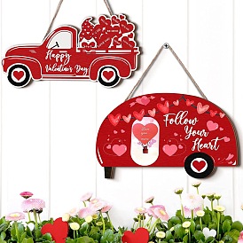 Valentine's Day Theme Wooden Hanging Sign, Wall Decor Board, with Hemp Rope, Car with Heart & Word