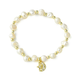 Natural Cultured Freshwater Pearl Beads Stretch Bracelets, Star Moon Brass Pave Clear Cubic Zirconia Charm Bracelets for Women