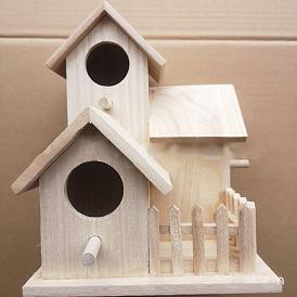 Unpainted Wood Bird House, Mini Bird Feeder House, with Pole & Two Opening, Pet Supplies