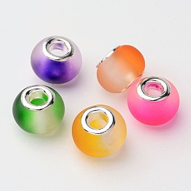 Two Tone Glass European Beads, with Silver Color Plated Brass Double Cores, Large Hole Beads, Rubberized Style, Rondelle, 15x12mm, Hole: 5mm