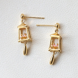 Enamel Lantern Dangle Stud Earrings, Brass Jewelry for Women