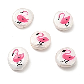 Natural Culture Freshwater Pearl Beads, with Enamel, Flat Round with Flamingo Pattern