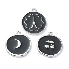 Rack Plating Alloy Enamel Pendants, Platinum, Flat Round with Moon/Cherry/Tower Charm