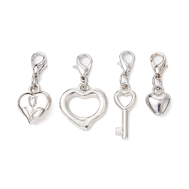 Valentine's Day Heart & Key CCB Plastic Pendants Decorations, with Alloy Lobster Claw Clasps