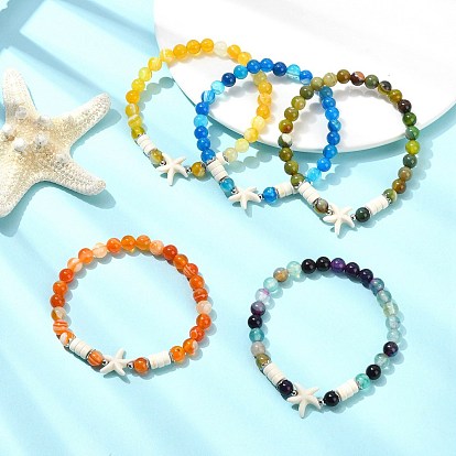 Эластичные браслеты из натурального полосатого агата/агатовой крошки и синтетических бирюзовых бусин для женщин., круглый и звезды, окрашенная и подогревом