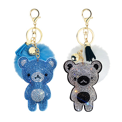 Cute Bear Fur Ball Keychain with Rhinestone and Fluffy Pom-pom Pendant