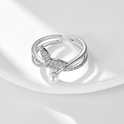 Brass Micro Pave Cubic Zirconia and Imitation Pearl Cuff Open Rings, Fishtail